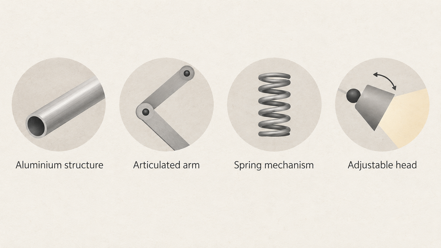Highlight the stated aluminium structure, spring-operated articulated arm, and adjustable head.