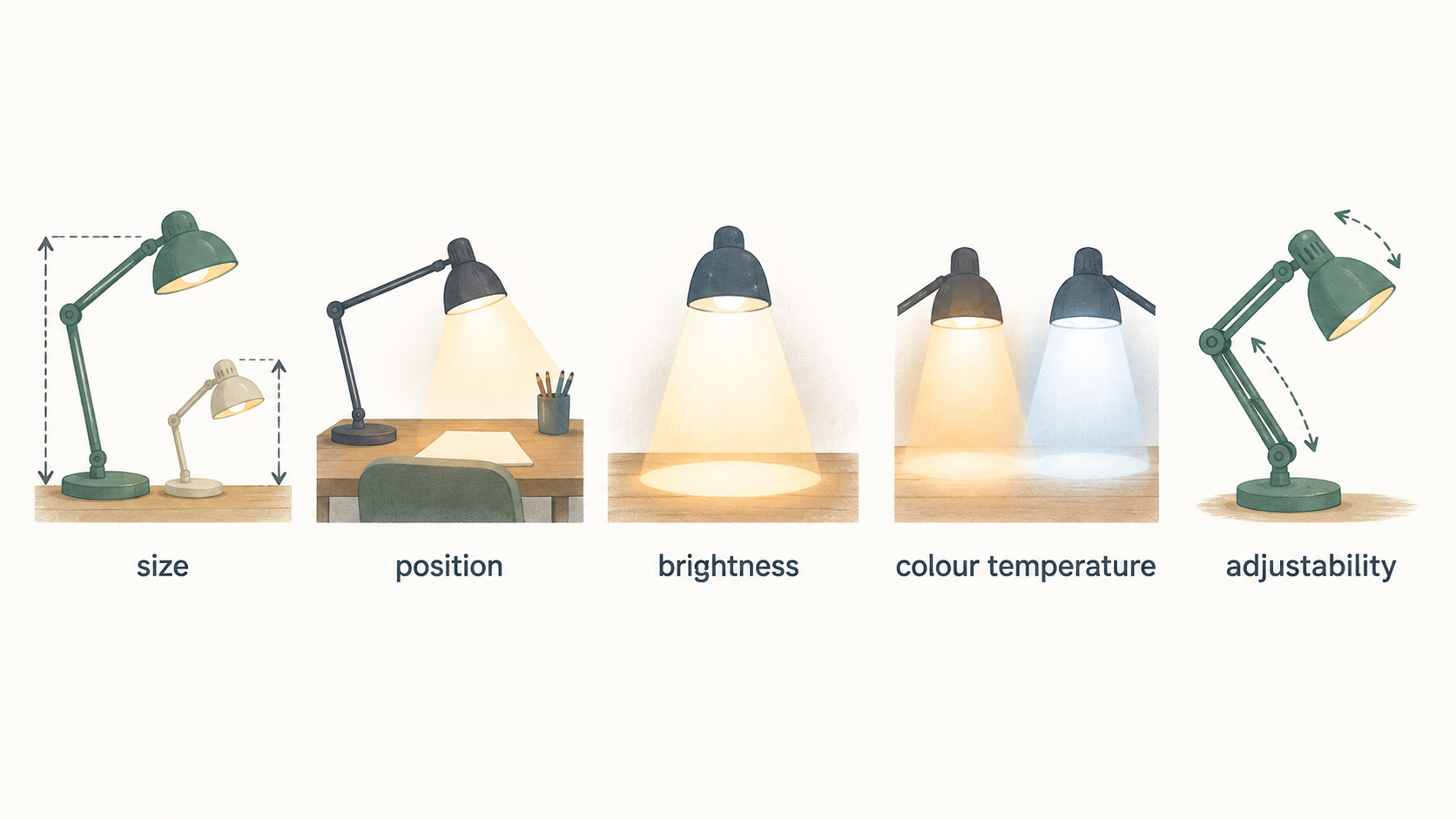 One horizontal row of five simple icons labeled Position, mounting, light control, fitting, and materials, representing considerations stated in the section.