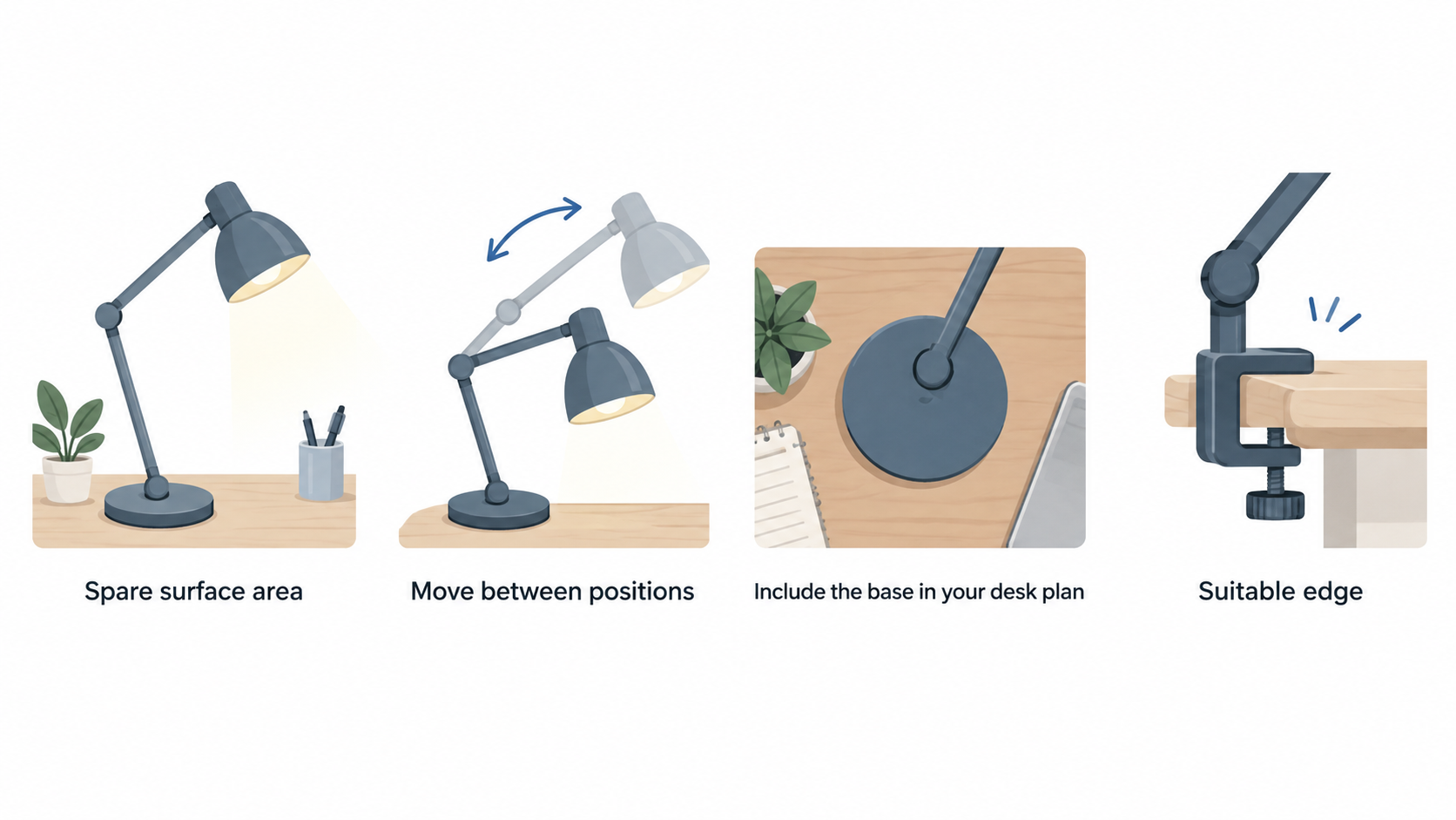 Show the IKEA TERTIAL in its stated clamp-mounted arrangement, illustrating how this mounting option can keep more of the main work area clear.
