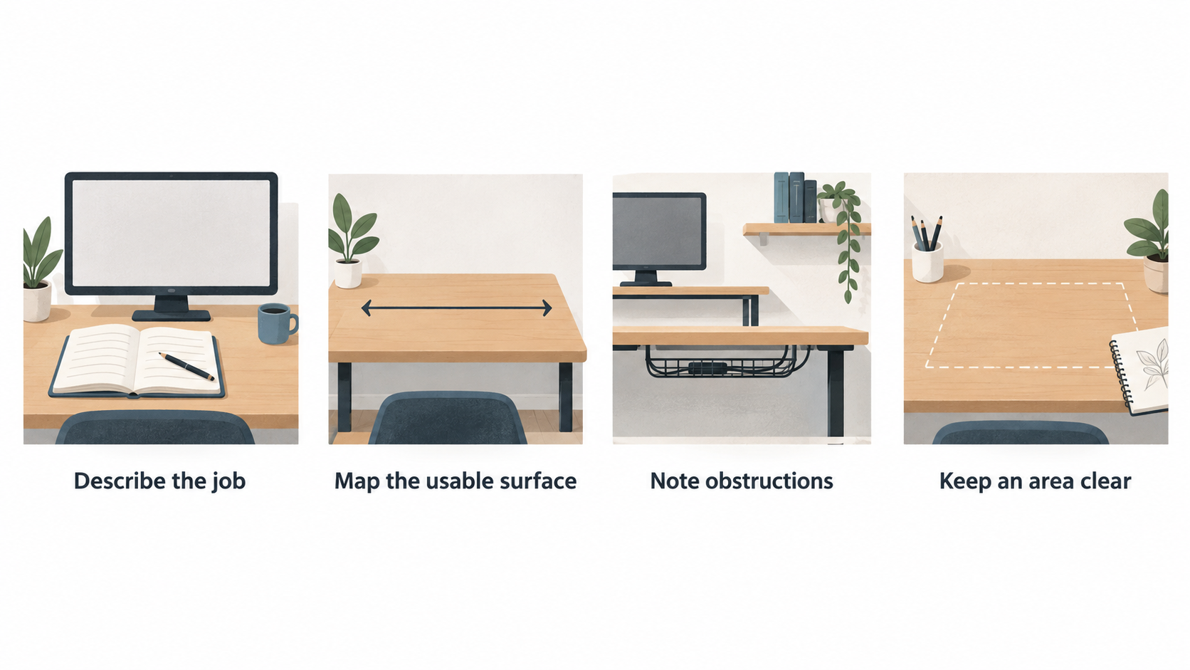 Show one row of five icons labeled desk depth, monitor stand, shelves, cable trays and task zone.