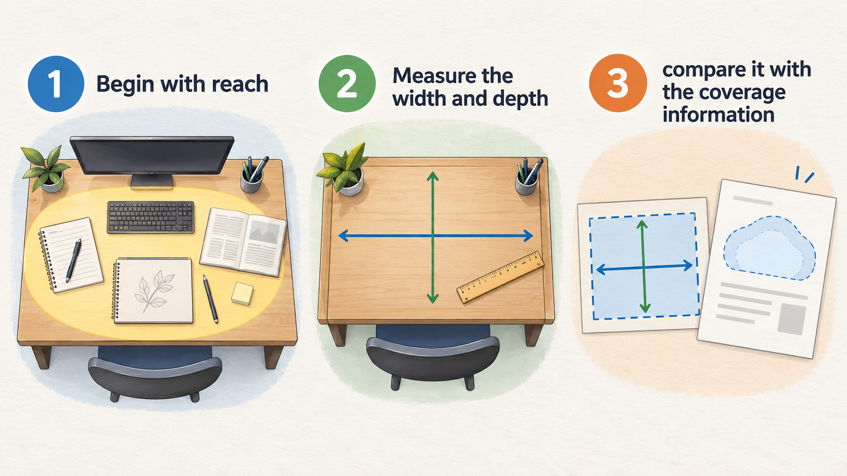 One simple four-item numbered checklist of the section’s fit checks, labeled “Reach,” “Positioning,” “Controls,” and “Rest of the lighting plan.”