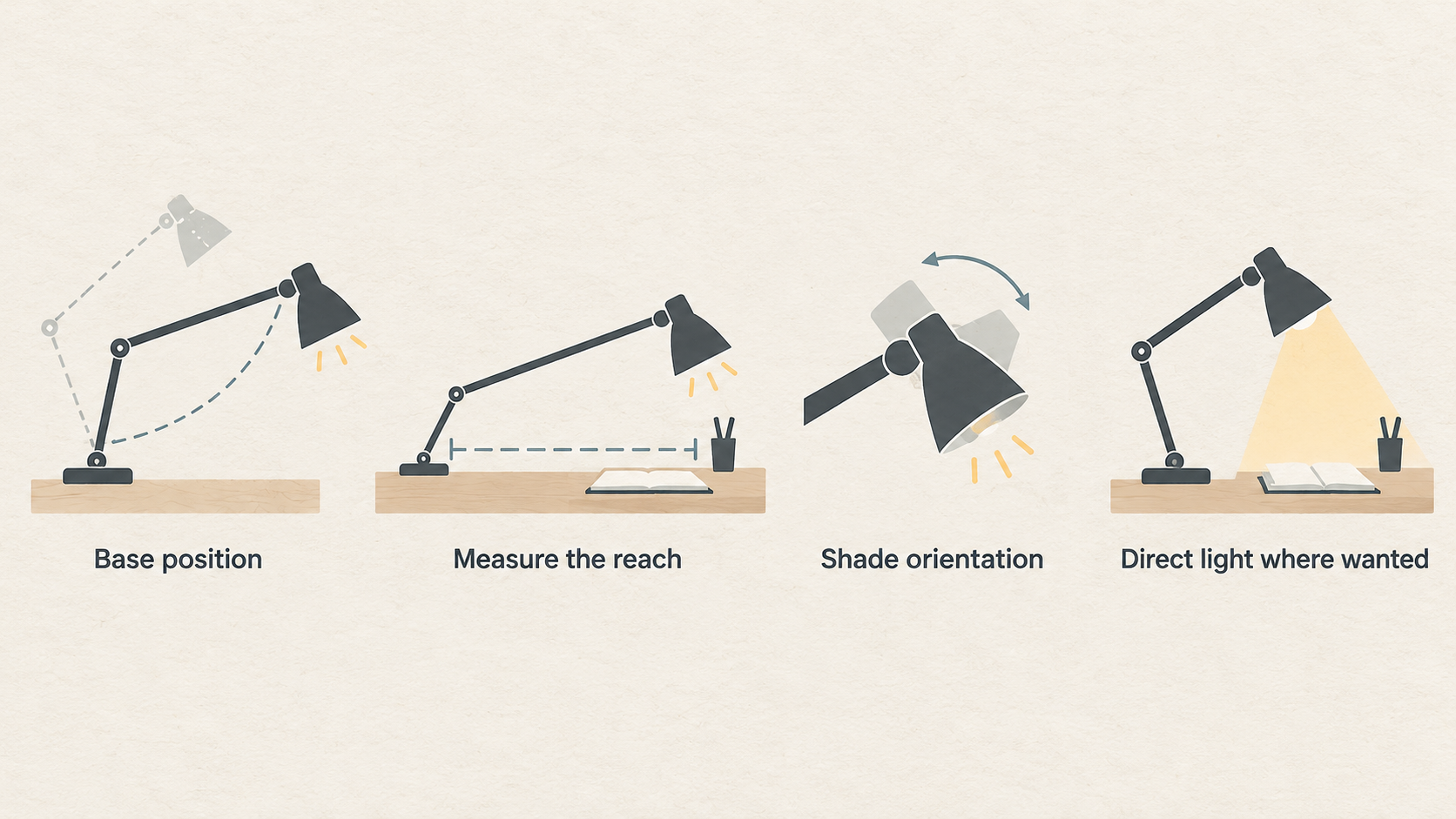 Show the Anglepoise Type 75 as the section’s stated example of an articulated arm separating the lamp’s base position from its shade position.