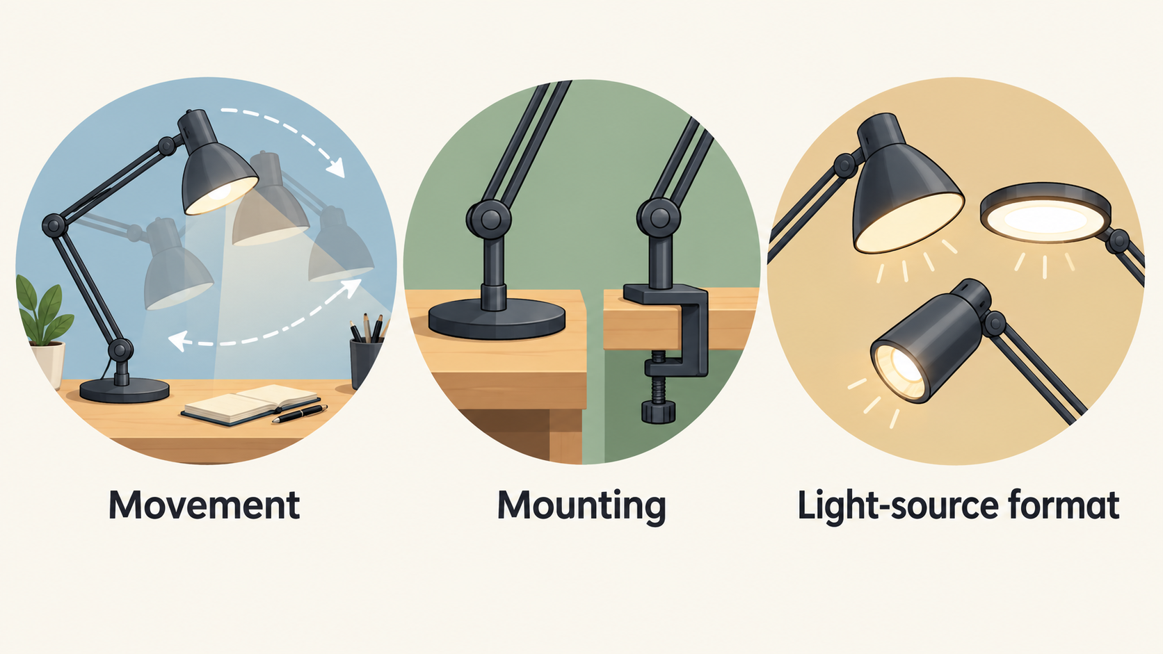 Introduce the three documented adjustable task-lamp approaches in the article: freestanding balanced arm, clamp mount, and articulated table lamp.