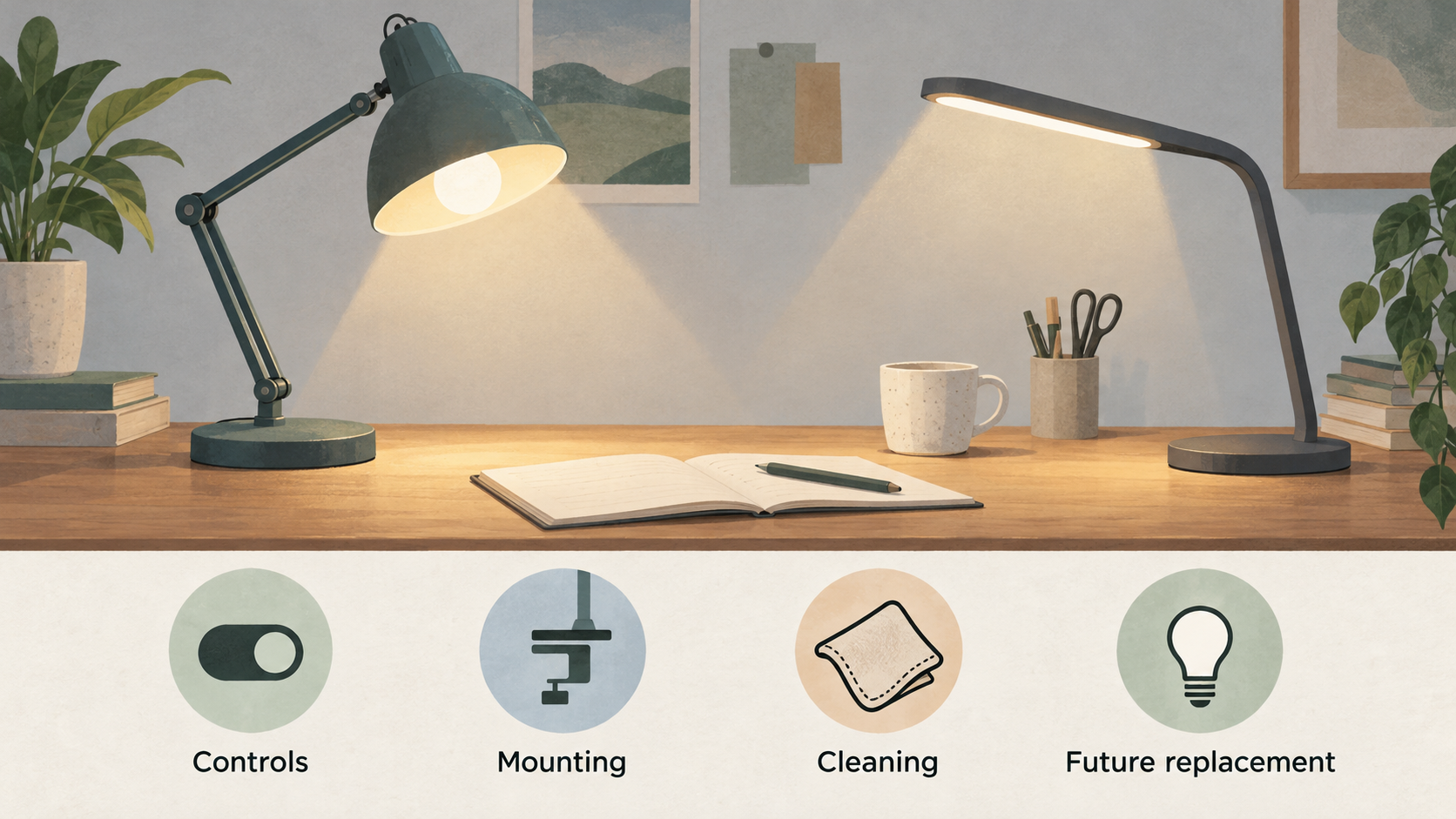 Introduce the article’s comparison of replaceable-bulb and integrated-LED task-lamp designs, showing the stated difference in how each light source relates to its fixture.